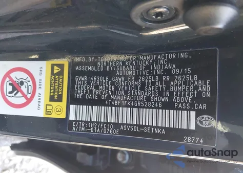 2016 Toyota Camry Le из США, поврежденный, VIN 4T4BF1FK4GR528246